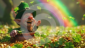 leprechaun surrounded by piles of gold in a field of four leaf clovers Rainbow abound. Generative AI