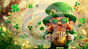 Leprechaun in a tuxedo grabs a pot full of gold while standing in a fey forest filled with flying four leaf clovers and photo