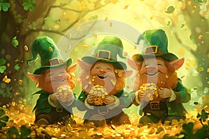 Leprechauns in green clothes are looking for gold in the garden. Realistic style. St. Patrick\'s Day theme