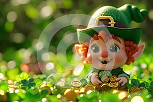 Leprechauns in green clothes are looking for gold in the garden. Realistic style. St. Patrick\'s Day theme