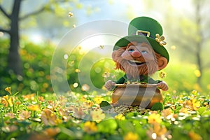 Leprechauns in green clothes are looking for gold in the garden. Realistic style. St. Patrick\'s Day theme