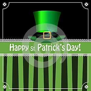 Leprechauns green hat on black and green striped background