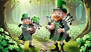 Leprechauns Playing Music in Forest