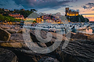 Lerici view with harbor and castle on the cliff, Italy