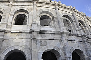 Les Arenes old Roman building details for Gladiator combats and animals hunter from Nimes France