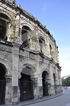 Les Arenes old Roman building details for Gladiator combats and animals hunter from Nimes France