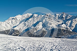 The Mont-Blanc range from Les Contamines slopes photo