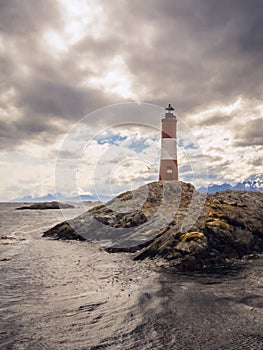 Les Eclaireurs lighthouse island in the middle of the Beagle Channel, close to Ushuaia city in Argentina. Tierra del Fuego Island