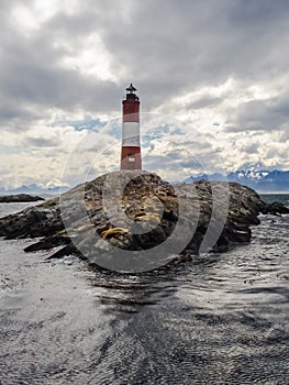 Les Eclaireurs lighthouse island in the middle of the Beagle Channel, close to Ushuaia city in Argentina. Tierra del Fuego Island