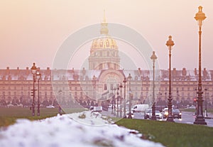 Les Invalides building in Paris under snow weather