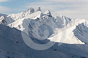 Les Menuires resort in winter. French alps in winter, snowy mountains in France