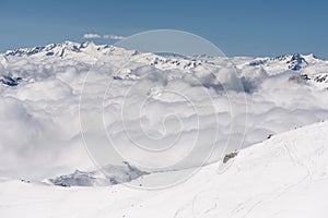 Les Menuires resort in winter. French alps in winter, snowy mountains in France