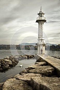 Les Paquis Lighthouse in GenÃ¯Â¿Â½ve, Switzerland photo