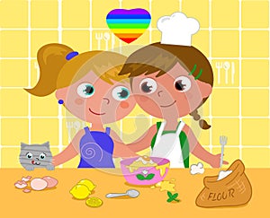 Lesbian couple cooking happily vector illustration