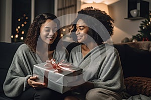 lesbian couple giving gifts and presents to each other, female gay lgbt homosexual african american marriage or black girlfriends