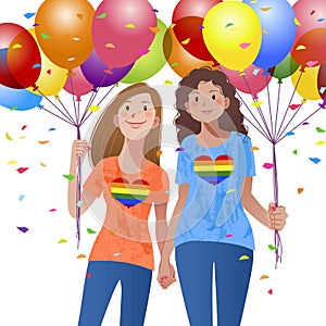 Lesbian couple holding hand each other and balloons