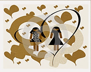 lesbian couple in love illustration, women, hearts, colors.