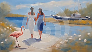 lesbian couple in love walking in the beach near the sea digital painting, white and indigo brush strokes