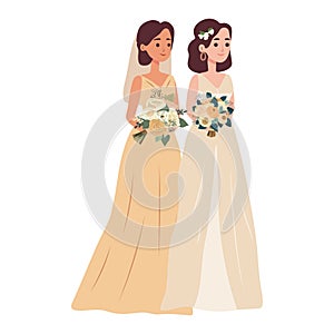 Lesbian couple marriage. Homosexual wedding. Brides in dress LGBT newlyweds.