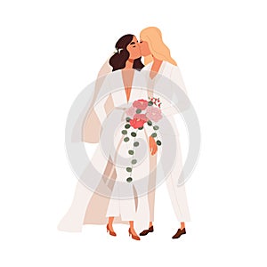 Lesbian couple marriage. Homosexual wedding. Brides in dress and pants kissing. LGBT newlyweds. Happy wives with flower