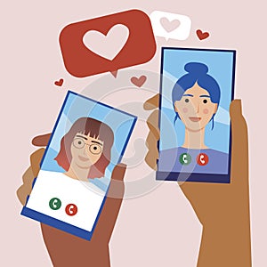 Lesbian couple with phones in hand, internet dating concept, online dating, flat vector stock illustration with LGBTQ women,