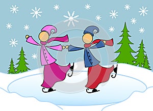 Lesbian Couple Skating Christmas Card