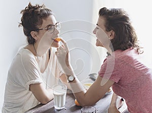 Lesbian Couple Together Indoors Concept