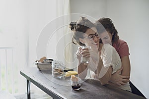 Lesbian Couple Together Indoors Concept