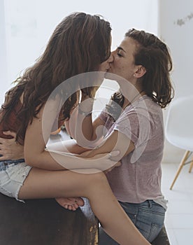 Lesbian Couple Together Indoors Concept