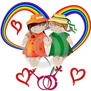 Lesbian couple. Two girls hold hands on the background of the iridescent heart and the symbol of a gay couple. Wedding. Love of