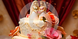 Lesbian couple wedding cake. 2 brides on top of cake