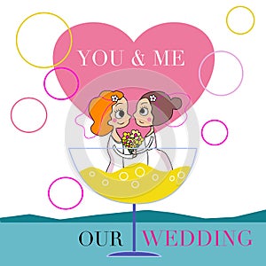 Lesbian couples bride and groom holding flower bouquet in the champagne glass with their blue sea beach wedding with big pink hear