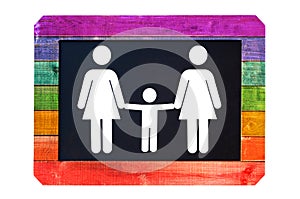 Lesbian family with child white sign on a blackboard, rainbow gay flag colors