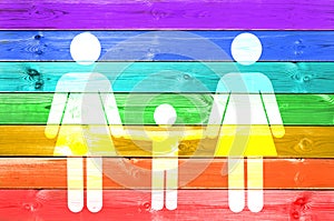 Lesbian family with child white sign on a rainbow gay flag wood planks background