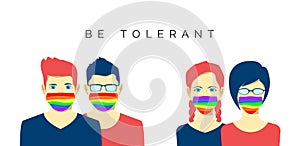 Lesbian and gay couples in face mask. lgbt pride colors. Tolerance and health care. Vector