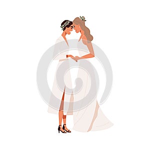 Lesbian love couple wedding. Homosexual women newlyweds in dresses. Marriage of LGBT brides. Happy same-sex wives