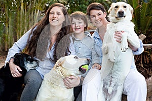 Lesbian moms with a young boy. 3 Labrador dogs.