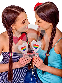 Lesbian women with heard in erotic foreplay game