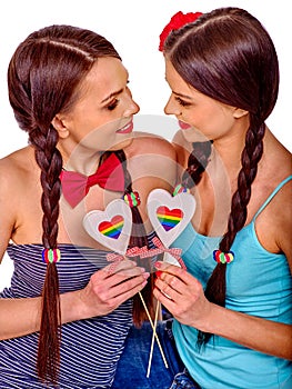 Lesbian women with heard in erotic foreplay game photo