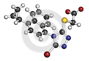 Lesinurad gout drug molecule. 3D rendering. Atoms are represented as spheres with conventional color coding: hydrogen (white),