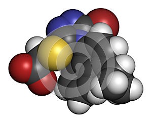 Lesinurad gout drug molecule. 3D rendering. Atoms are represented as spheres with conventional color coding: hydrogen (white),