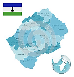 Lesotho administrative blue-green map with country flag and location on a globe