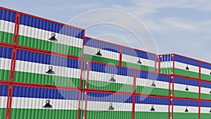 Lesotho flag containers are located at the container terminal. Concept for Lesotho import and export 3D