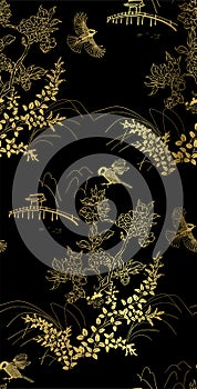 Lespedeza bird bridge vector seamless japanese chinese pattern gold black traditional