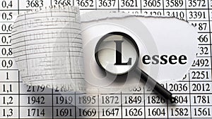 LESSEE - word behind torn paper with numbers on a white background with a magnifying glass