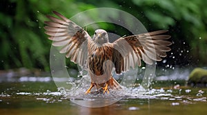 Lesser Kestrel bathing in the river while playing in the water