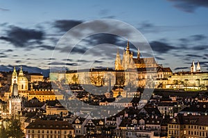 The Lesser Town of Prague beneath the Prague Castle at dusk. Czech Republic