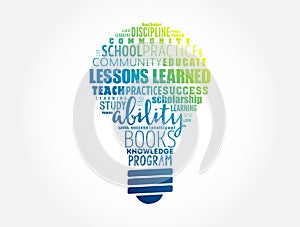 Lessons Learned light bulb word cloud collage, education concept background