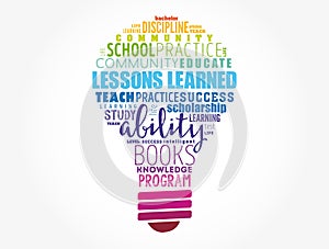 Lessons Learned light bulb word cloud collage