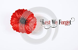 Lest We Forget, Red Flanders Poppy Lapel Pin Badge on white photo